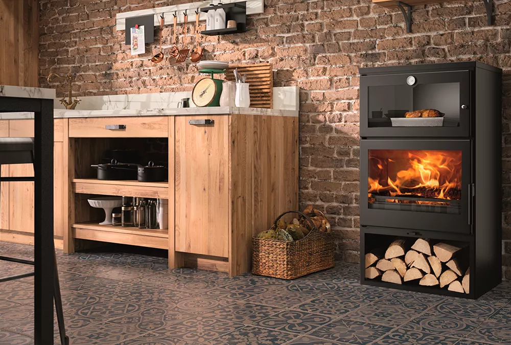 estufa lena oven ecodesign con horno panadero ambiente