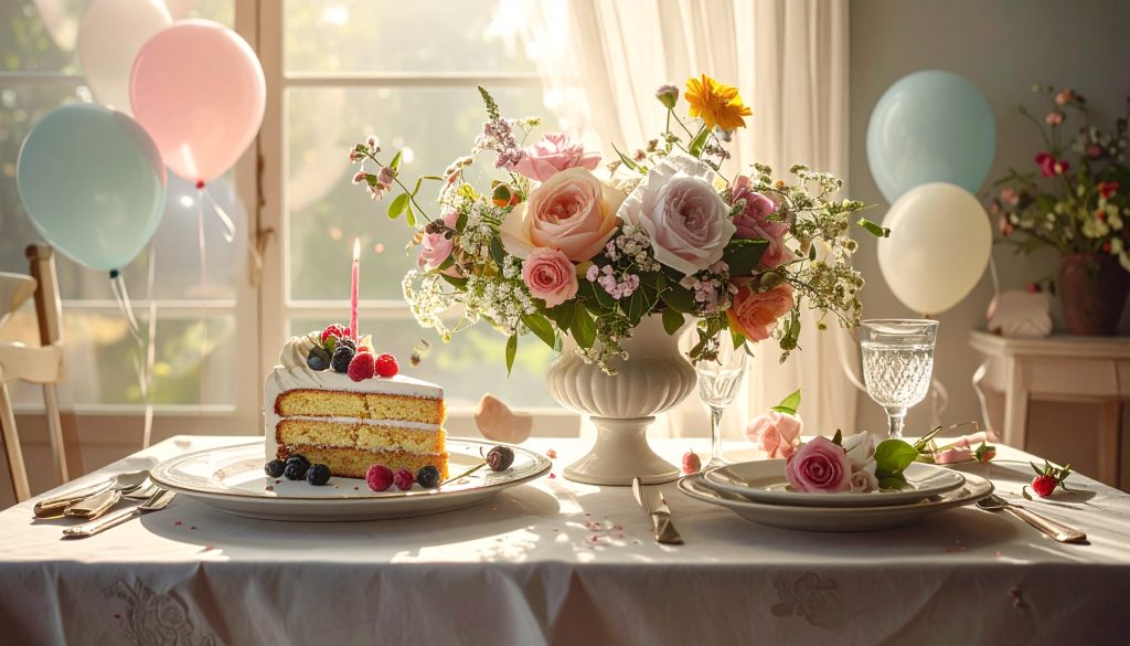 Firefly imagen de un centro de mesa con flores naturales para cumpleanos la imagen debe de m 948990